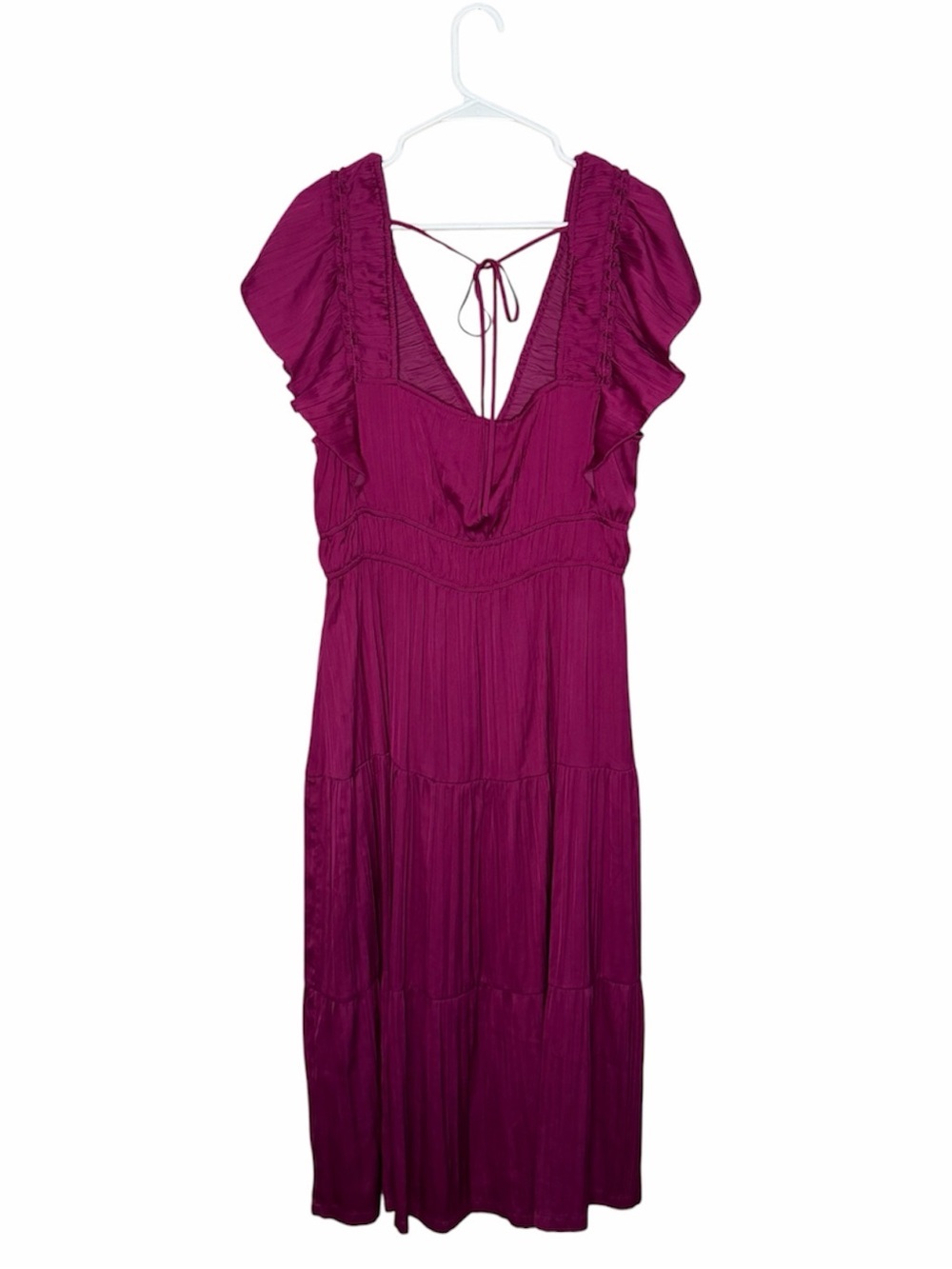 Anthropologie Ruffle Tiered Midi Dress Size XL Raspberry Flutter Sleeve Satin - Picture 6 of 13